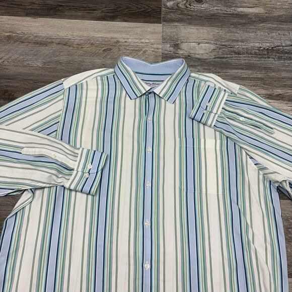Tommy Bahama Blue White Mens XL Striped Pima Cotton Long Sleeve Button Up Shirt - Picture 1 of 10